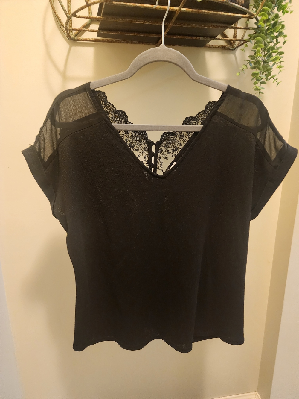 Buckle Black Lace-Back V-Neck Short Sleeve Top